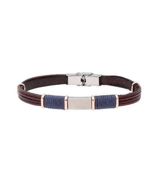 Foto de PULSERA DE PIEL MARRON CON MOTIVOS EN CORDON AZUL Y PLACA