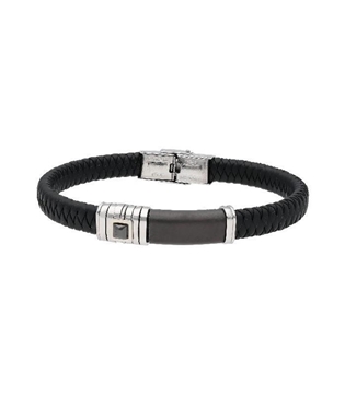 Foto de PULSERA DE PIEL NEGRA CON TRENZA, PLACA Y PIEDRA NEGRA